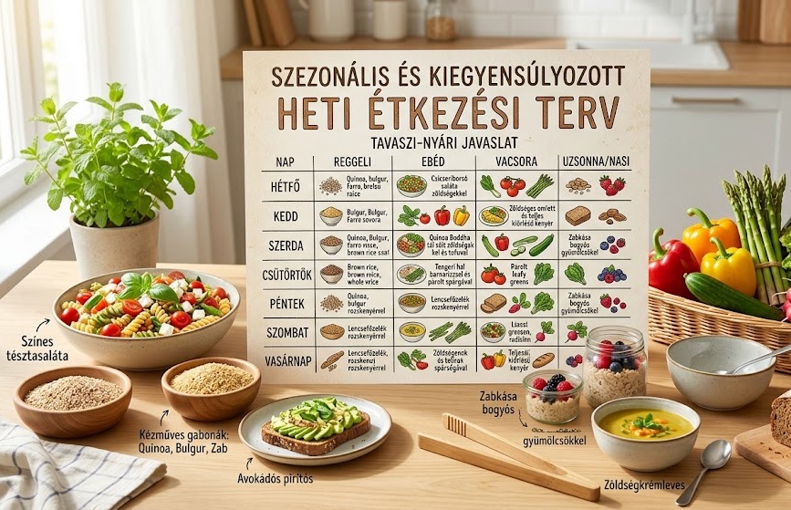 Szezonális zöldségekből és gabonákból összeállított, kiegyensúlyozott heti étkezési terv egy világos konyhaasztalon
