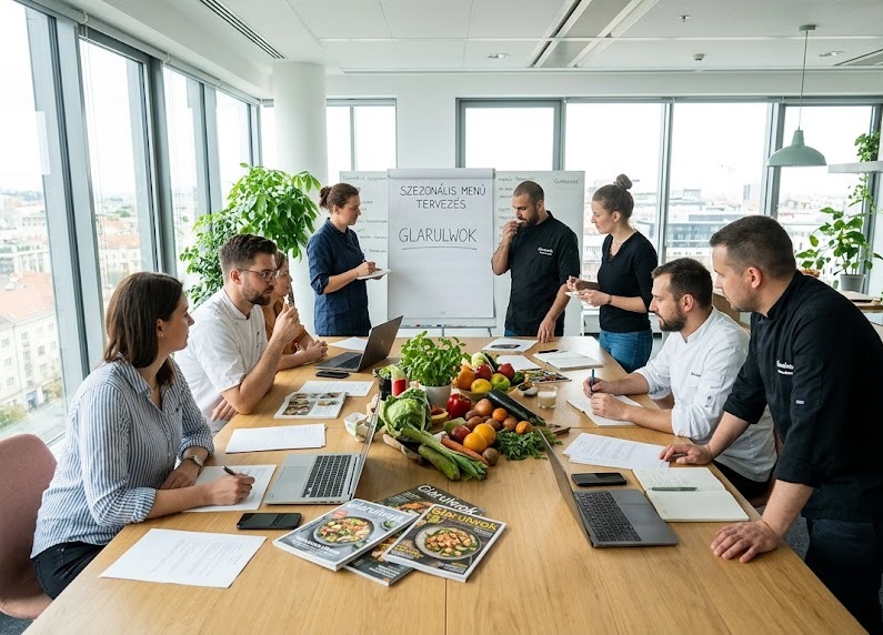 A cedardrift csapatának tagjai egy világos irodában szezonális menüt terveznek egy nagy asztal körül